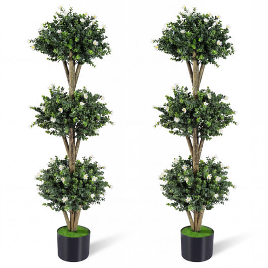 51" Artificial Triple Ball Boxwood Topiary Tree with 59 Blossoms Set of 2-White - Color: White