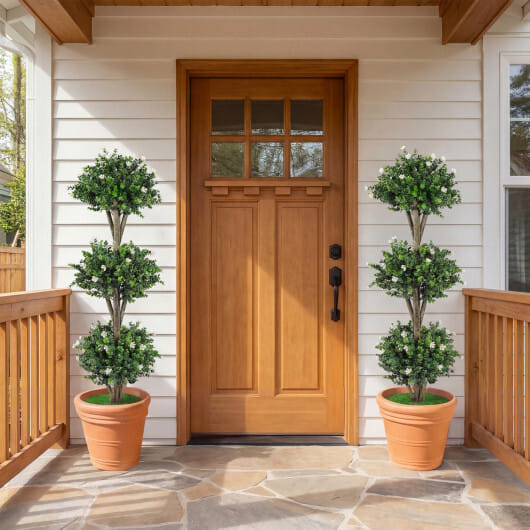 51" Artificial Triple Ball Boxwood Topiary Tree with 59 Blossoms Set of 2-White - Color: White