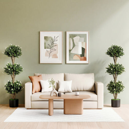 51" Artificial Triple Ball Boxwood Topiary Tree with 59 Blossoms Set of 2-White - Color: White