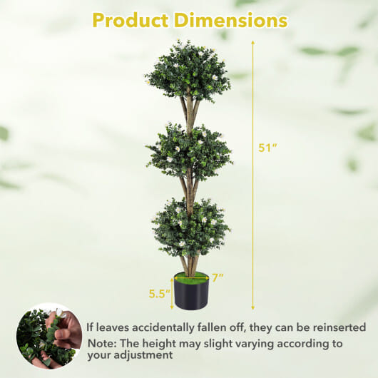 51" Artificial Triple Ball Boxwood Topiary Tree with 59 Blossoms Set of 2-White - Color: White