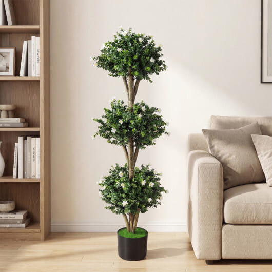 51" Artificial Triple Ball Boxwood Topiary Tree with 59 Blossoms Set of 2-White - Color: White