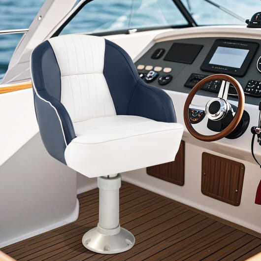 Captain Bucket Seat Pontoon Boat Chair with PVC Leather and Armrests-Blue - Color: Blue