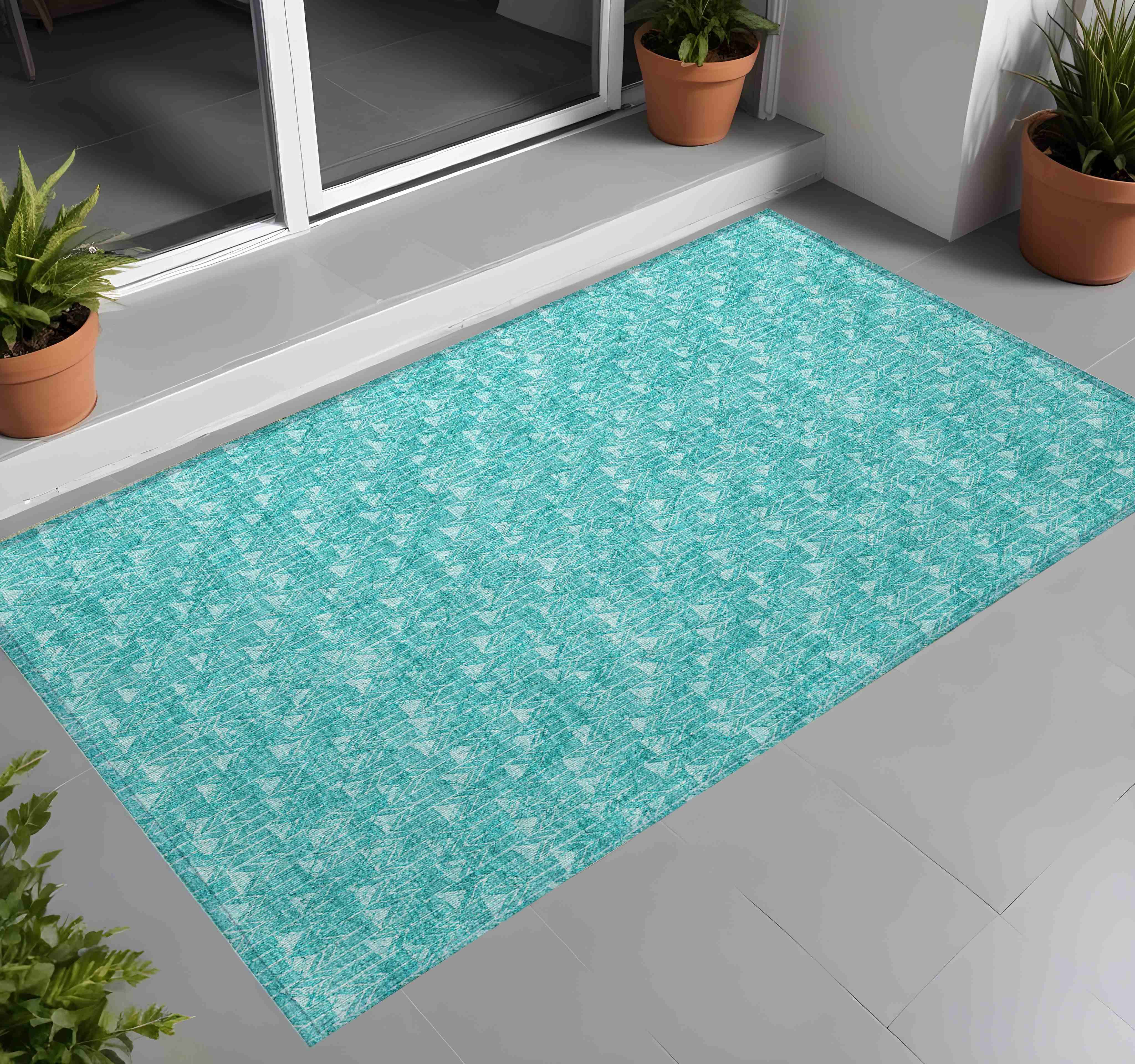 3' X 5' Turquoise Geometric Washable Non Skid Indoor Outdoor Area Rug