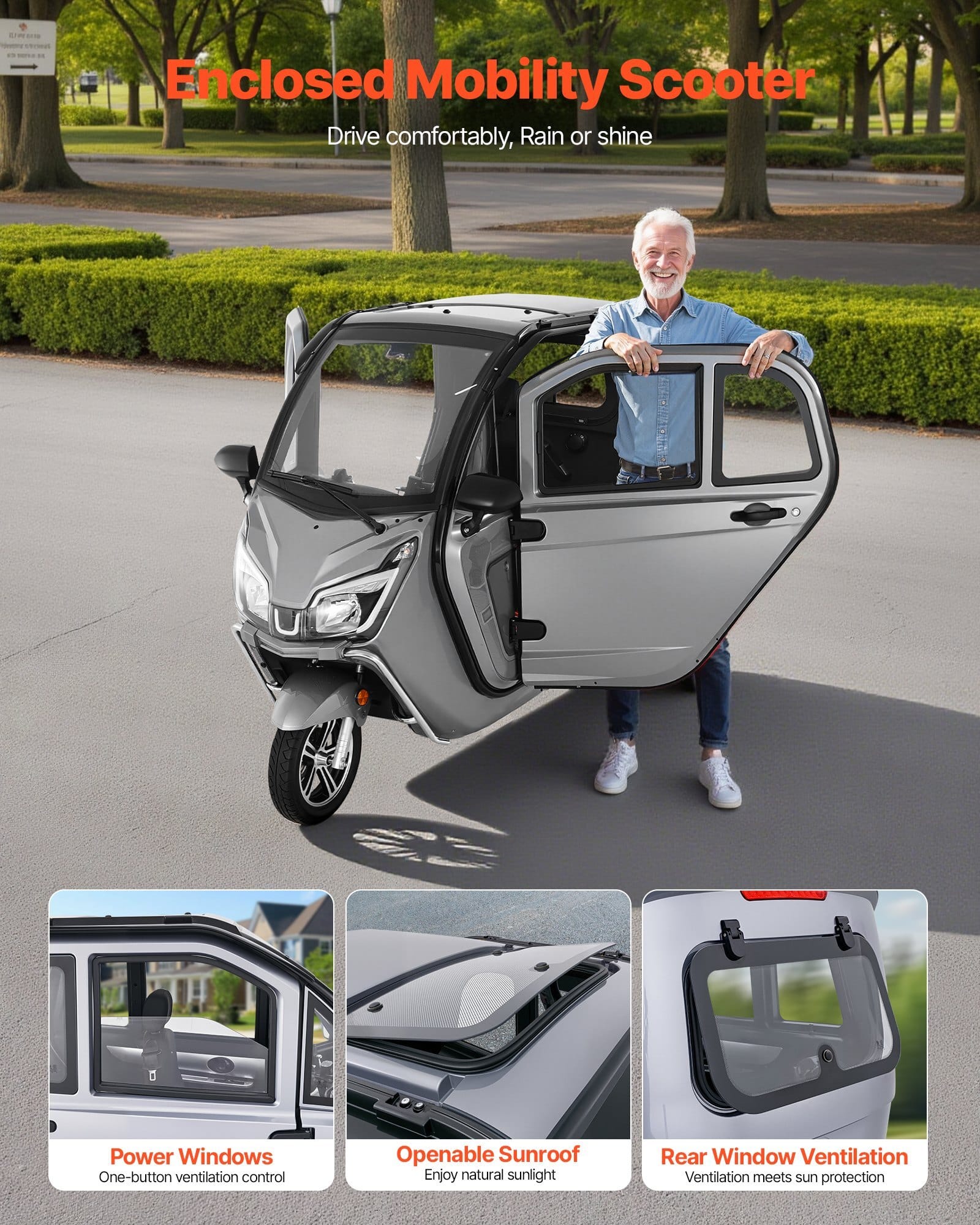 3-Wheel Enclosed Mobility Scooter for Seniors Adults, 650lbs Capacity, 3-Seater 1500W Electric Recreational Mobility Scooter 37 Miles Long Range, Remote Unlock, All-Terrain for Shopping Touring