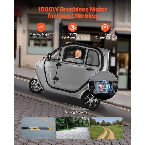 3-Wheel Enclosed Mobility Scooter for Seniors Adults, 650lbs Capacity, 3-Seater 1500W Electric Recreational Mobility Scooter 37 Miles Long Range, Remote Unlock, All-Terrain for Shopping Touring
