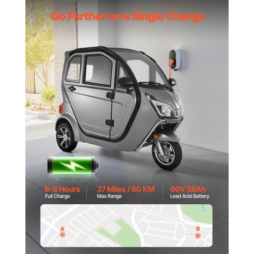 3-Wheel Enclosed Mobility Scooter for Seniors Adults, 650lbs Capacity, 3-Seater 1500W Electric Recreational Mobility Scooter 37 Miles Long Range, Remote Unlock, All-Terrain for Shopping Touring