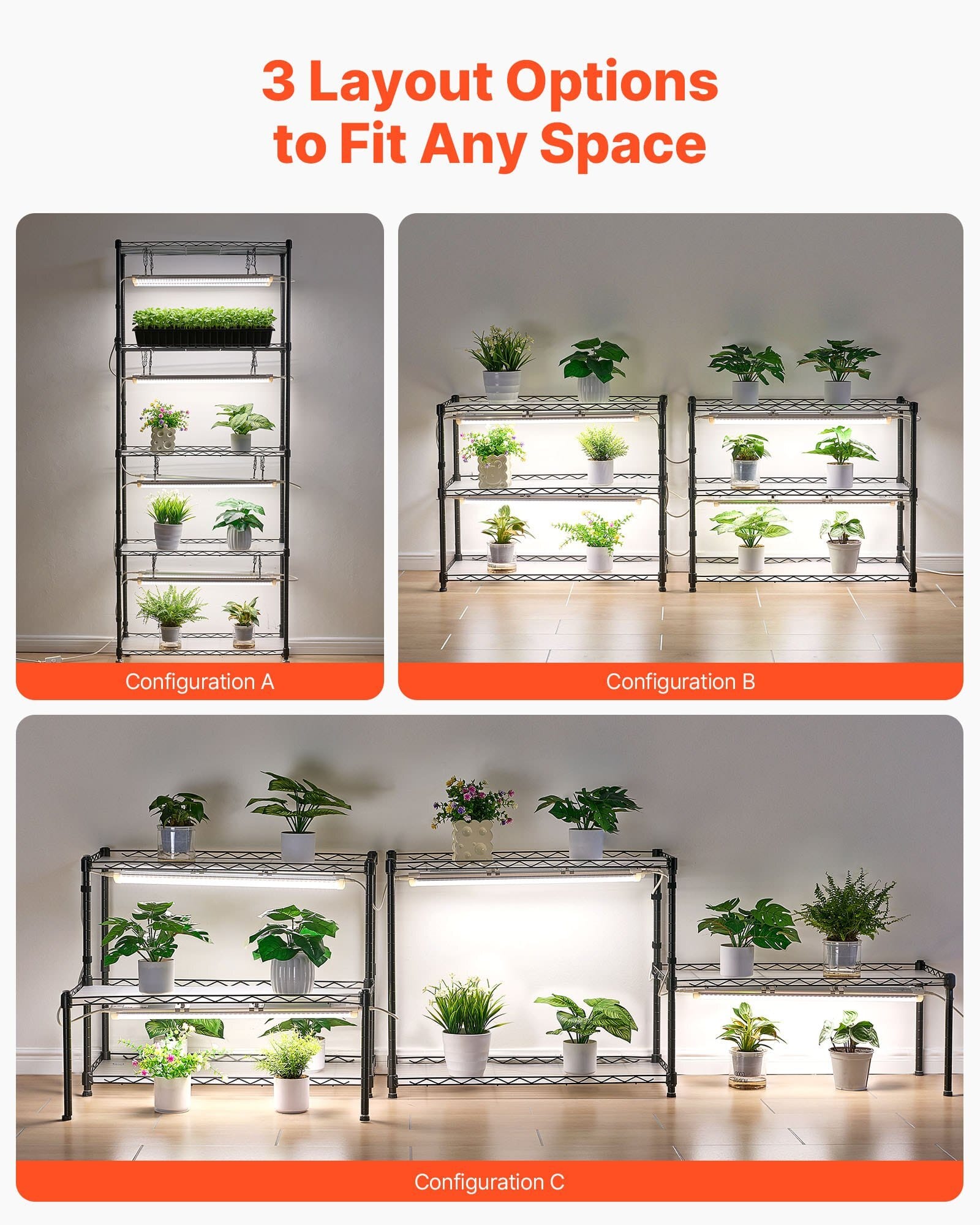 DIY Plant Shelf with Grow Lights, 71 in Tall Indoor Plant Stand with Wheels, 192W 5000K Full Spectrum Grow Lights, Heavy Duty Metal Plants Display Rack, Flower Pot Holder for Seed Starting