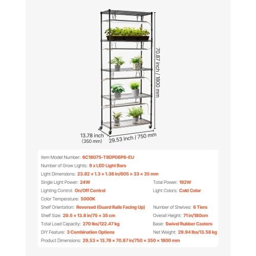 DIY Plant Shelf with Grow Lights, 71 in Tall Indoor Plant Stand with Wheels, 192W 5000K Full Spectrum Grow Lights, Heavy Duty Metal Plants Display Rack, Flower Pot Holder for Seed Starting