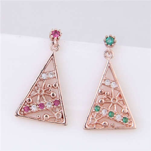Cubic Zirconia Embellished Hollow Floral Triangle Design Women Fashion Earrings - Rose Gold