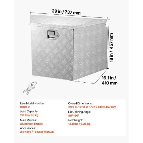 Trailer Tongue Box, 29" x 16.1" x 18" Aluminum Trailer Tongue Tool Box, Heavy Duty Storage Organizer with Lock & Keys, Utility Tool Chest for Pickup Truck Bed, RV, SUV, Off-Road Vehicle, Silver