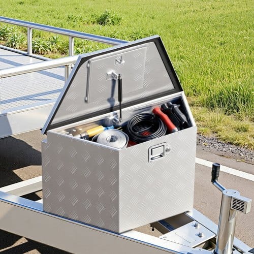 Trailer Tongue Box, 29" x 16.1" x 18" Aluminum Trailer Tongue Tool Box, Heavy Duty Storage Organizer with Lock & Keys, Utility Tool Chest for Pickup Truck Bed, RV, SUV, Off-Road Vehicle, Silver