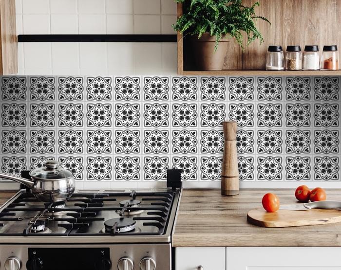 6" X 6" Charcoal And White Scroll Peel And Stick Removable Tiles