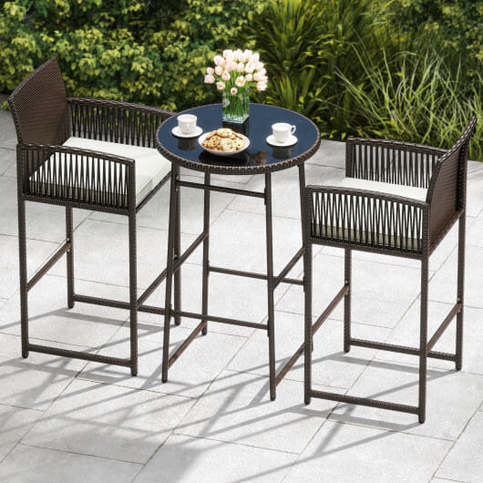 3 Piece Patio Bar Set Outdoor Wicker Bar Height Table and Armchairs-White