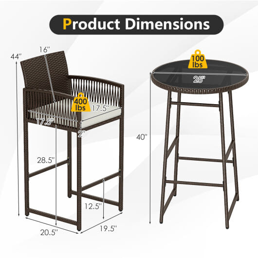 3 Piece Patio Bar Set Outdoor Wicker Bar Height Table and Armchairs-White