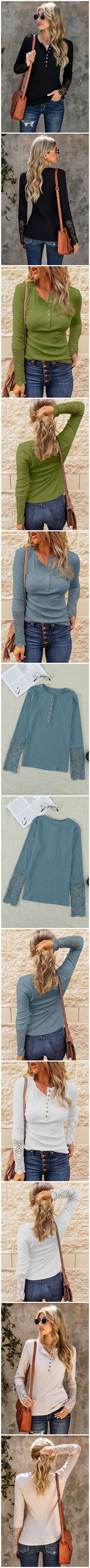 Solid Color Lace Sleeves Design Casual Fashion Women Top/ T-shirt - Black