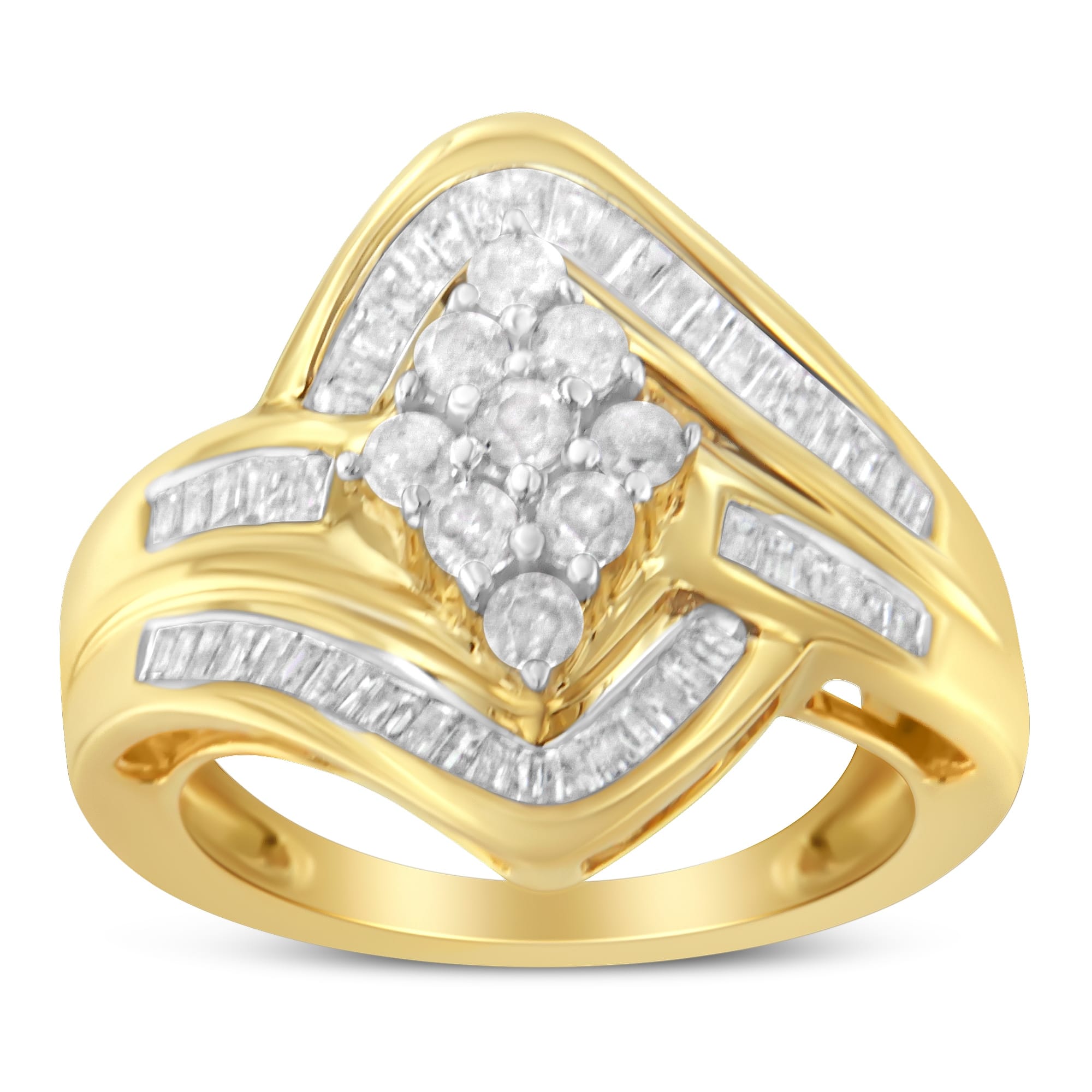 10K Yellow Gold over .925 Sterling Silver Diamond Bypass Cluster Ring (1 Cttw, I-J Color, I2-I3 Clarity) - Size 6