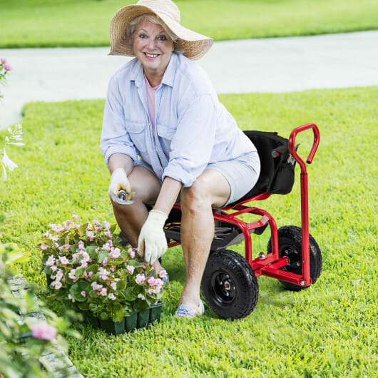 Costway Cushioned Rolling Garden Cart Scooter with Storage Basket and Tool Pouch-Black & Red - Color: Black & Red