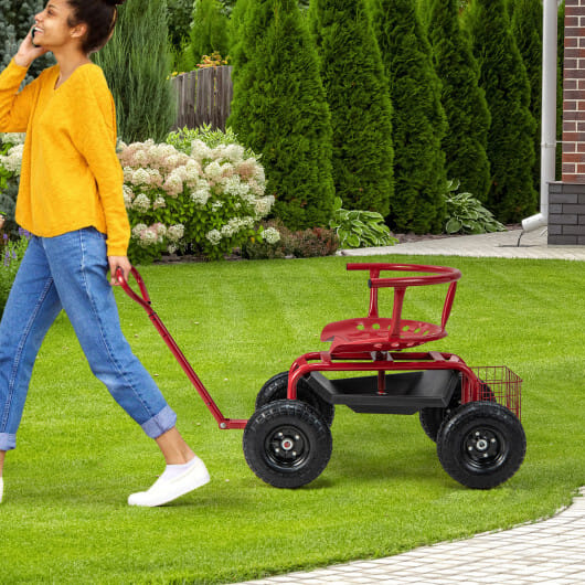 Costway Cushioned Rolling Garden Cart Scooter with Storage Basket and Tool Pouch-Black & Red - Color: Black & Red
