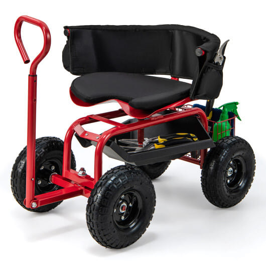 Costway Cushioned Rolling Garden Cart Scooter with Storage Basket and Tool Pouch-Black & Red - Color: Black & Red