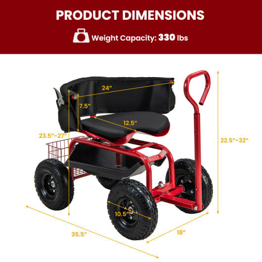Costway Cushioned Rolling Garden Cart Scooter with Storage Basket and Tool Pouch-Black & Red - Color: Black & Red