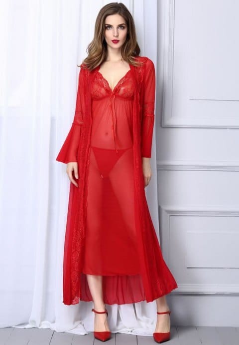 Sheer Mesh and Lace Robe Set
