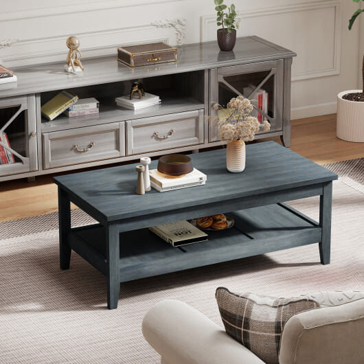 Farmhouse Coffee Table Rustic Cocktail Center Table with Thickened Tabletop-Blue - Color: Blue