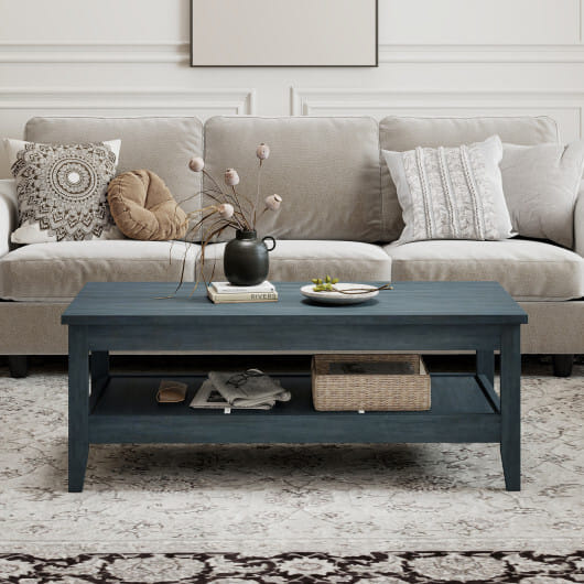 Farmhouse Coffee Table Rustic Cocktail Center Table with Thickened Tabletop-Blue - Color: Blue
