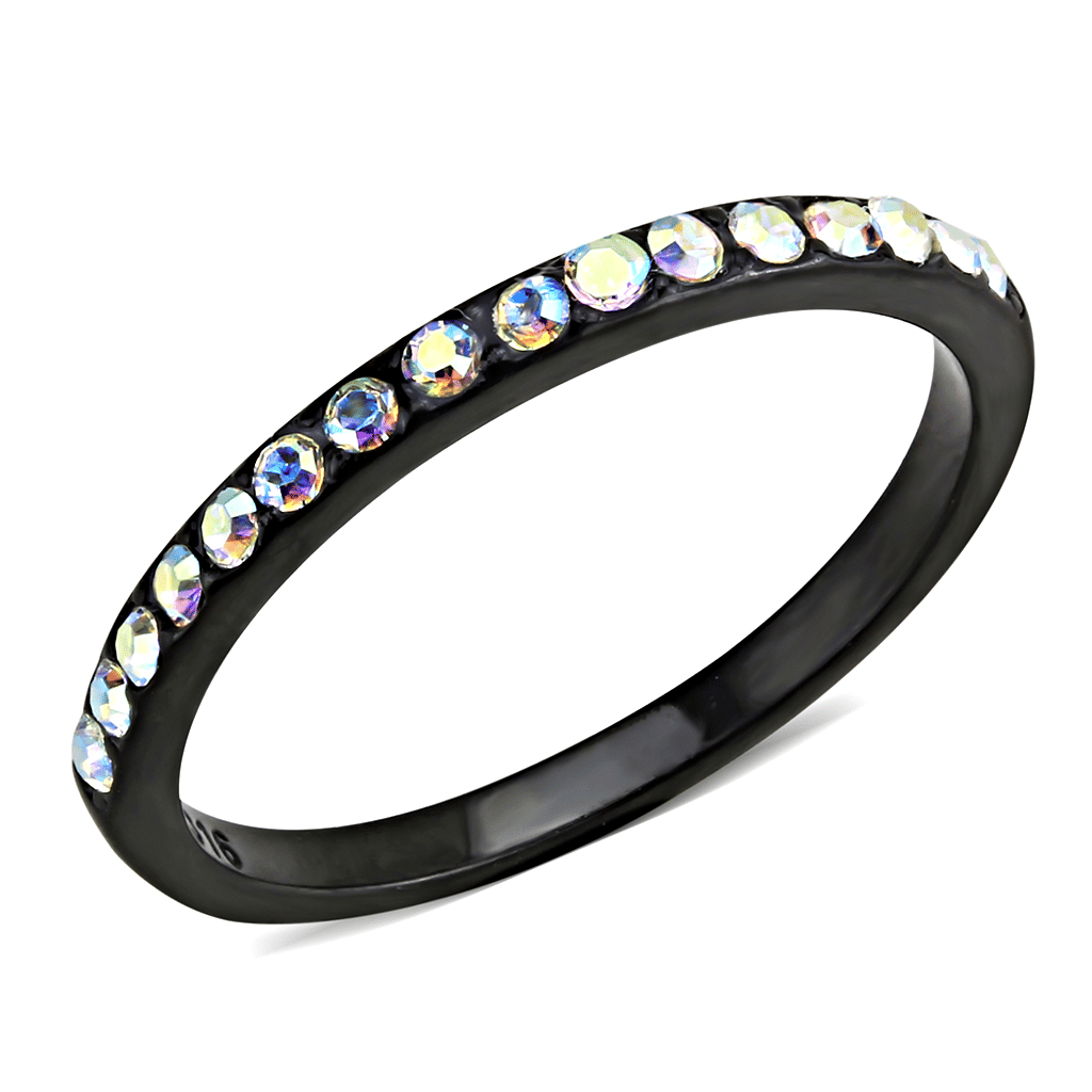 TK3556 - IP Black(Ion Plating) Stainless Steel Ring with Top Grade Crystal in Aurora Borealis (Rainbow Effect)