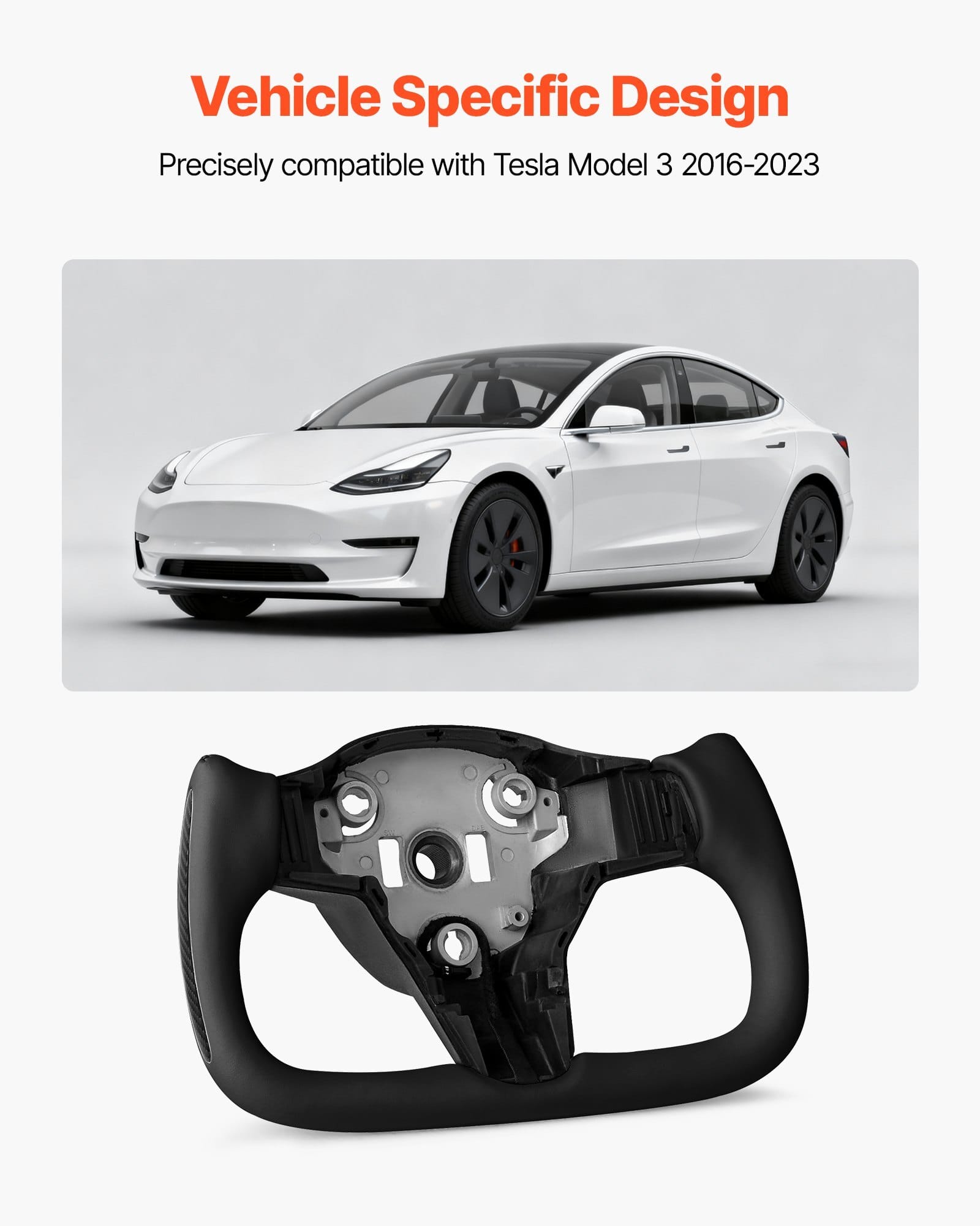 Steering Wheel for 2016-2023 Tesla Model 3, Carbon Fiber Steering Wheel D-Shaped Flat-Bottom with Heating Function, Leather Grip with Non-Slip Texture, Accessories Replacement for Model 3, Black