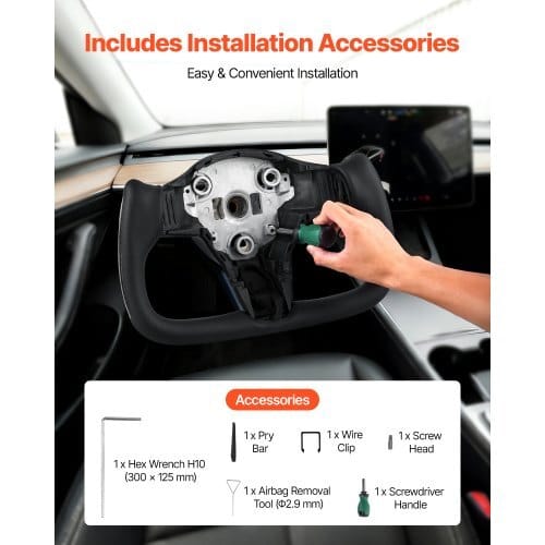 Steering Wheel for 2016-2023 Tesla Model 3, Carbon Fiber Steering Wheel D-Shaped Flat-Bottom with Heating Function, Leather Grip with Non-Slip Texture, Accessories Replacement for Model 3, Black