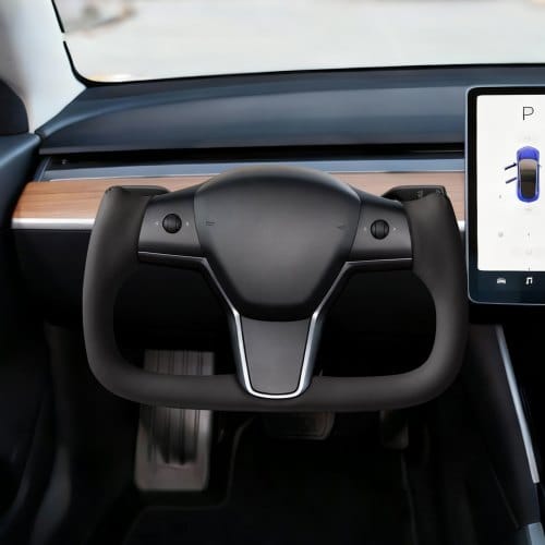 Steering Wheel for 2016-2023 Tesla Model 3, Carbon Fiber Steering Wheel D-Shaped Flat-Bottom with Heating Function, Leather Grip with Non-Slip Texture, Accessories Replacement for Model 3, Black