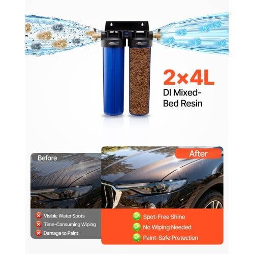 Deionized Water System for Car Wash, Spotless Car Wash Water System with 2 x 4L DI Resin, Bypass Valve & TDS Meter, Spot-Free Deionized Water Filter for Cars RVs Motorcycles Windows