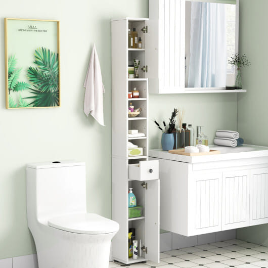 Costway Freestanding Slim Bathroom Cabinet with Drawer and Adjustable Shelves-White - Color: White
