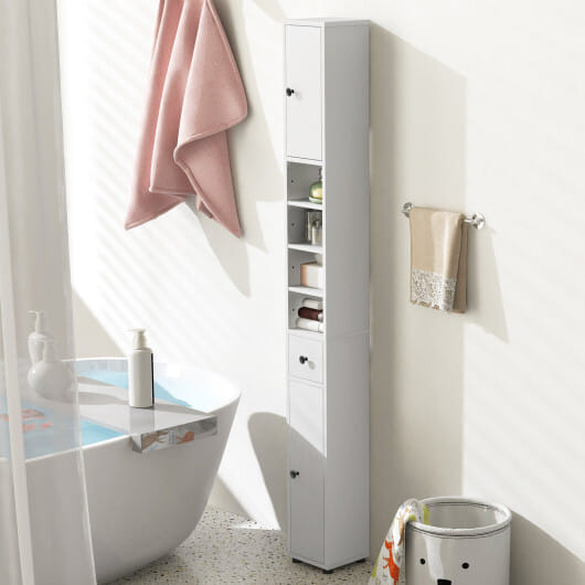 Costway Freestanding Slim Bathroom Cabinet with Drawer and Adjustable Shelves-White - Color: White