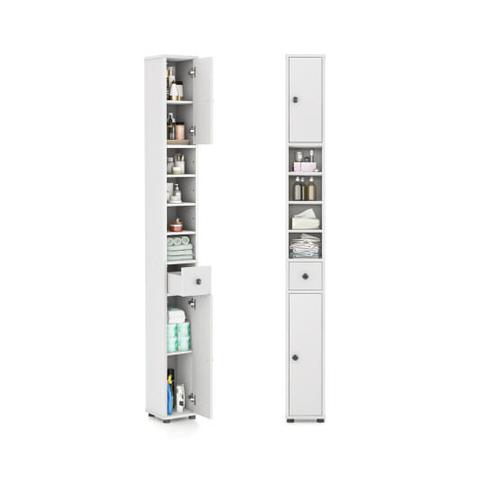 Costway Freestanding Slim Bathroom Cabinet with Drawer and Adjustable Shelves-White - Color: White