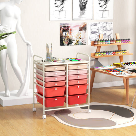 12-Drawer Rolling Storage Cart with Removable Drawers and Lockable Wheels-Pink - Color: Pink