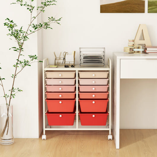 12-Drawer Rolling Storage Cart with Removable Drawers and Lockable Wheels-Pink - Color: Pink