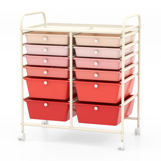 12-Drawer Rolling Storage Cart with Removable Drawers and Lockable Wheels-Pink - Color: Pink