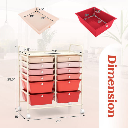 12-Drawer Rolling Storage Cart with Removable Drawers and Lockable Wheels-Pink - Color: Pink
