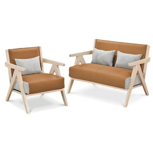 2 Pieces Living Room Furniture Set with Rubber Wood Frame-Brown - Color: Brown