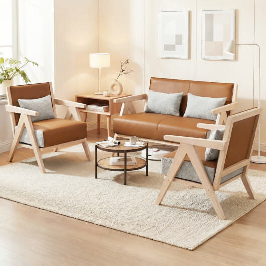 2 Pieces Living Room Furniture Set with Rubber Wood Frame-Brown - Color: Brown