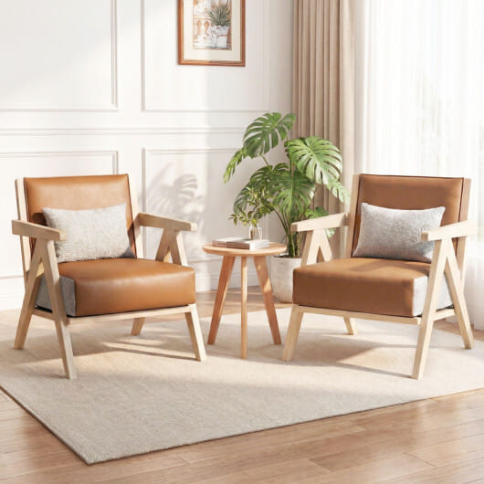 2 Pieces Living Room Furniture Set with Rubber Wood Frame-Brown - Color: Brown