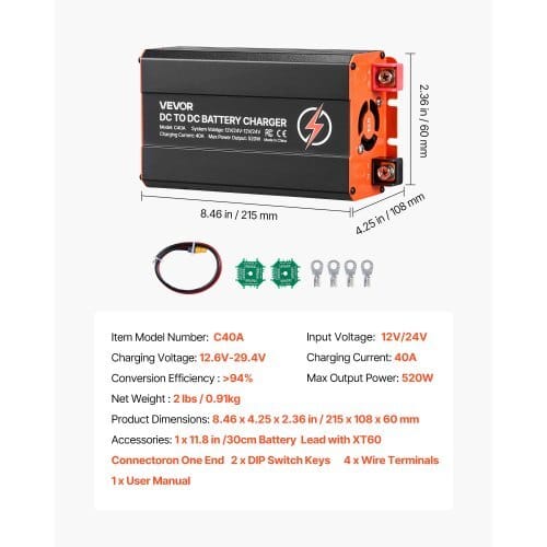 DC to DC Battery Charger, 520W, 40A Alternator Charger, Fast DC-DC Charging for Portable Power Stations, Compatible with LiFePO4 Lead-Acid AGM GEL Batteries, 12V/24V-12V/24V, for RV Home Backup