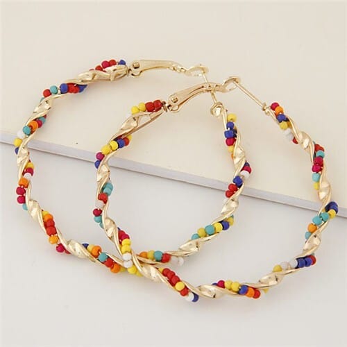 Mini Beads Decorated Spiral Shape Fashion Hoop Earrings - Multicolor