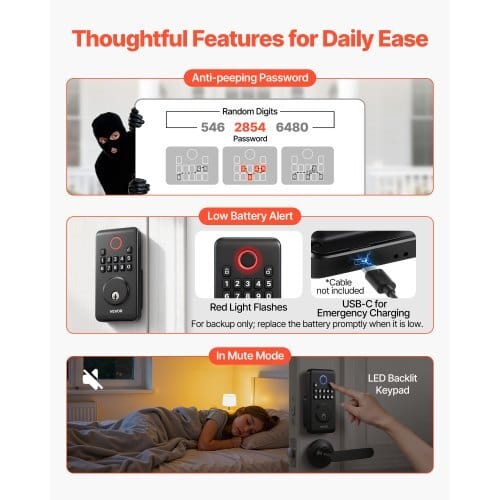 Keyless Entry Door Lock with Handle Set, Electronic Keypad Deadbolt with Lever Handles, Pioneering Easy-Grip Design, Customizable User Codes, Keyed Entry, Auto Lock, Anti-Peeking, Matte Black