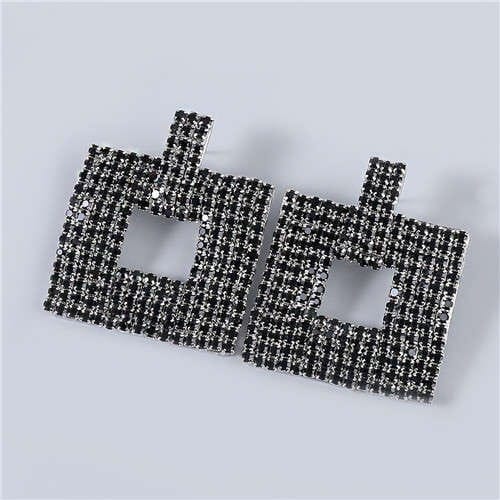 U.S Fashion Square Shape Hollow-out Glistening Rhinestone Inlaid Luxurious Women Wholesale Earrings - Black