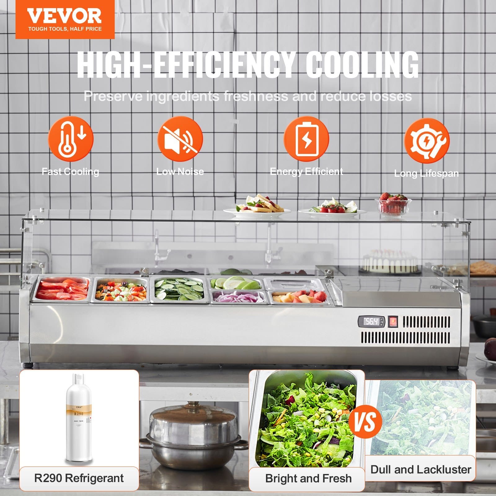 Refrigerated Condiment Prep Station, 140 W Countertop Refrigerated Condiment Station, with 3 1/3 Pans & 4 1/6 Pans, 304 Stainless Body and PC Lid, Sandwich Prep Table with Glass Guard, ETL