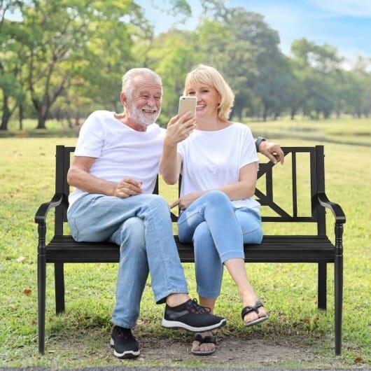 Patio Garden Bench with Powder Coated Steel Frame - Color: Black