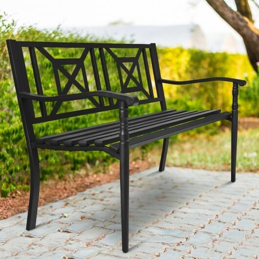 Patio Garden Bench with Powder Coated Steel Frame - Color: Black