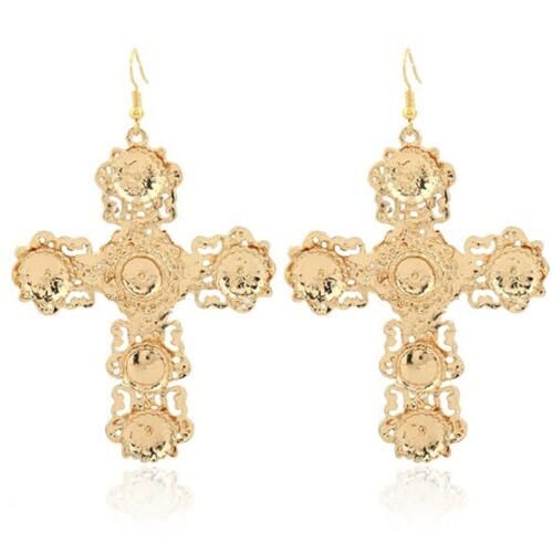 Abstract Hollow Floral Giant Cross Design High Fashion Women Statement Earrings - Golden